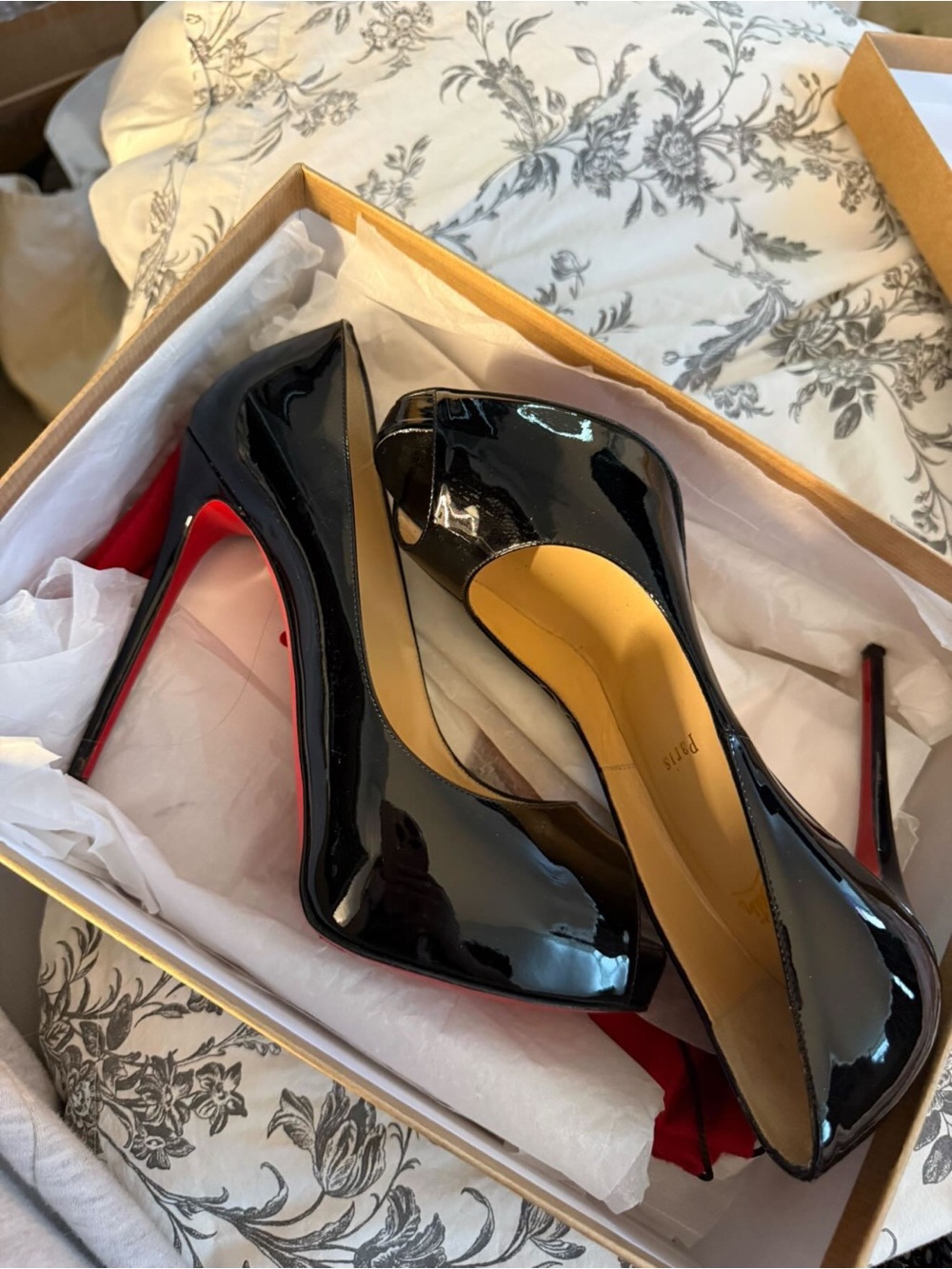Christian Louboutin Black Patent Peep-Toe Stilettos with Red Soles
